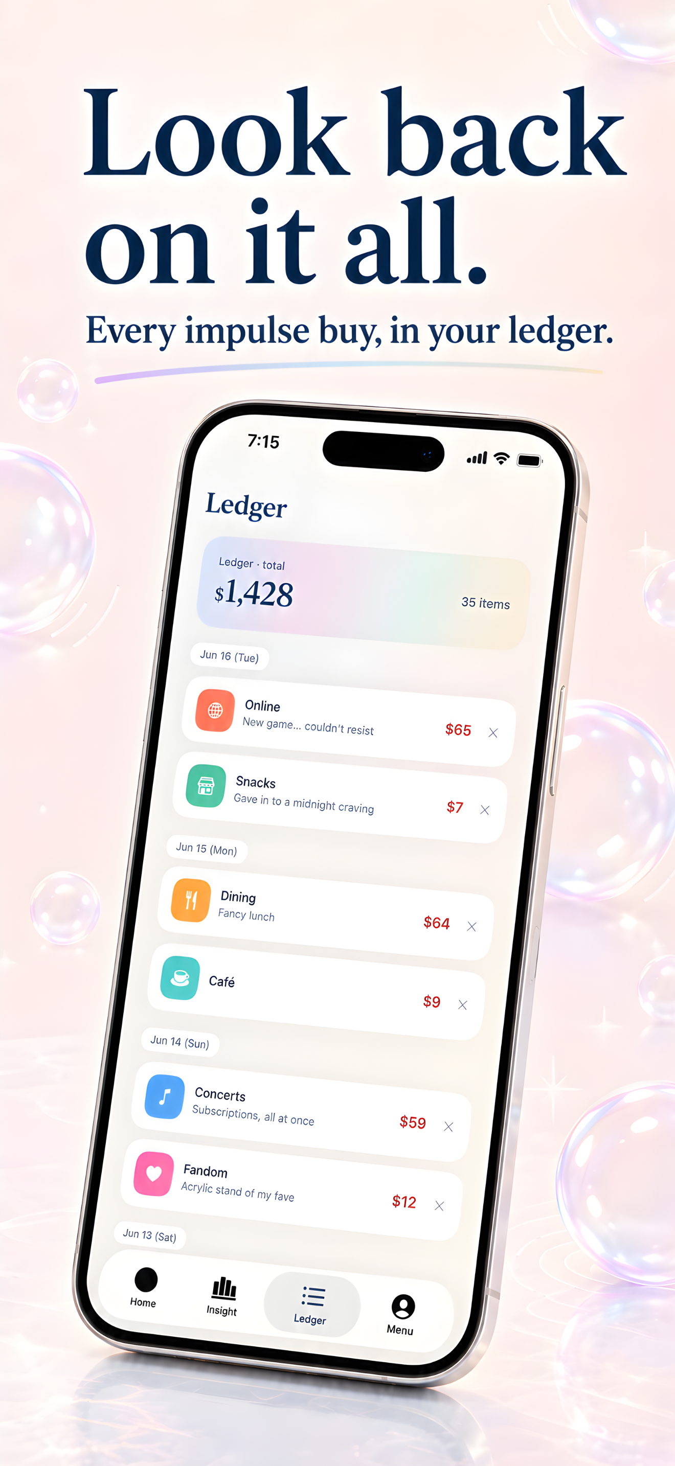 Confession log — the Ledger screen